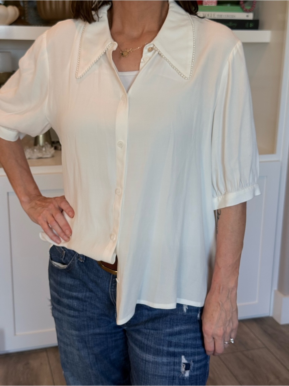 Ted Baker Cream Pearl-Trim Button-Down Blouse